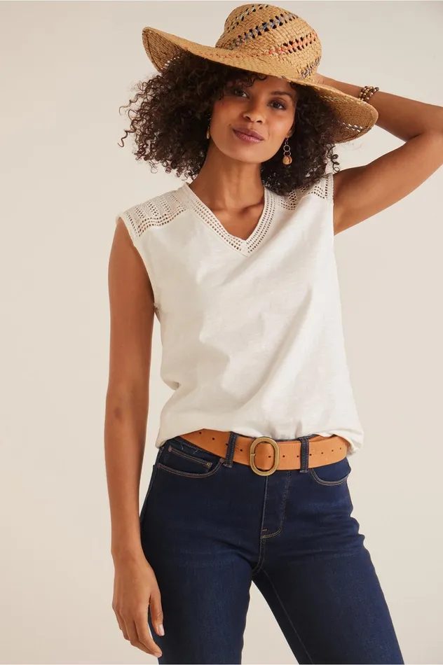 Soft Surroundings Women Kai Crochet Tank Ivory Women Tops