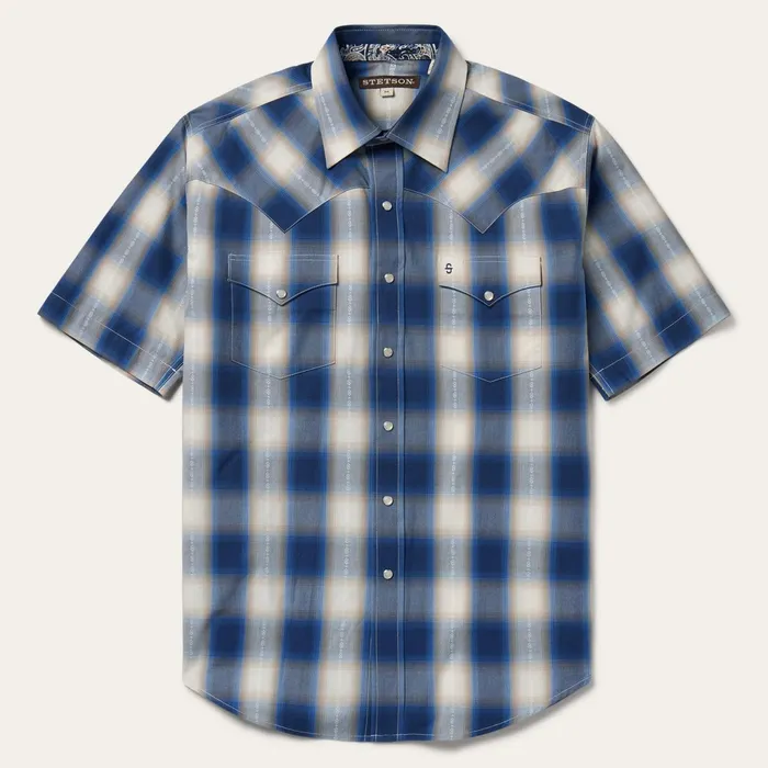 Stetson Classic Cut Men Blue Ombre Plaid Short Sleeve Western Shirt Blue