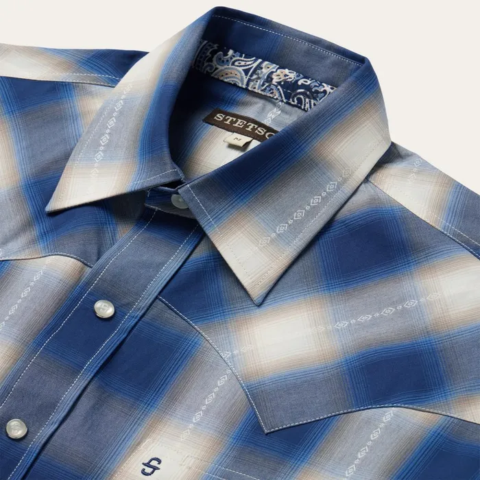 Stetson Classic Cut Men Blue Ombre Plaid Short Sleeve Western Shirt Blue