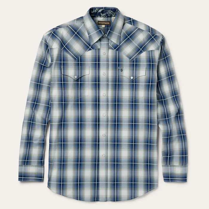 Stetson Classic Cut Men Crystal Plaid Western Shirt Blue