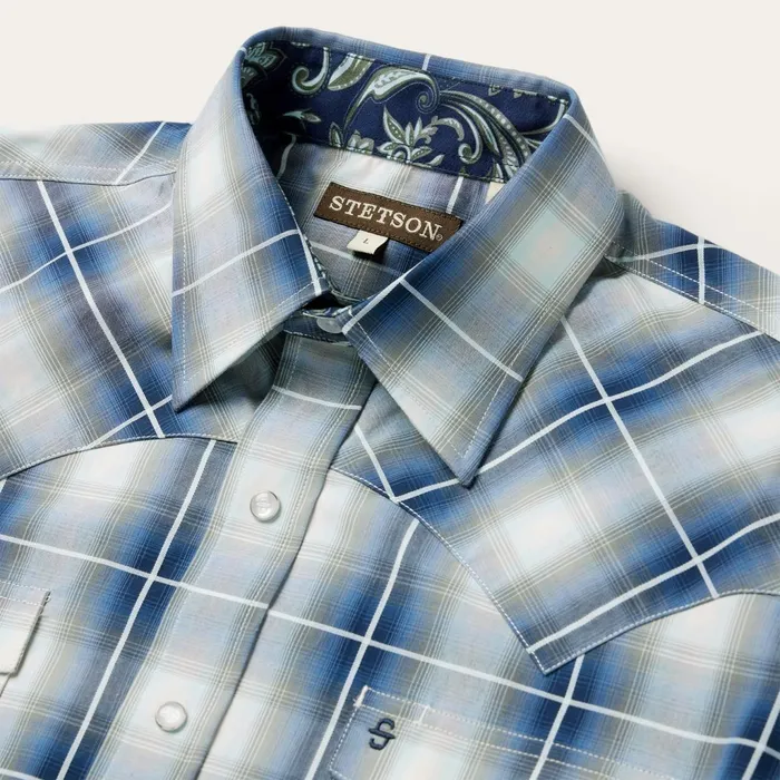 Stetson Classic Cut Men Crystal Plaid Western Shirt Blue