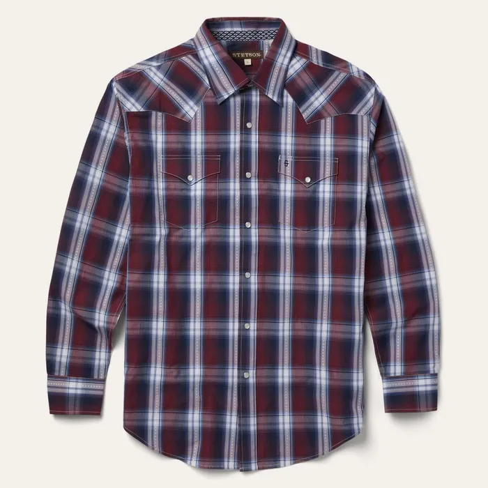 Stetson Classic Cut Men Good Luck Plaid Western Shirt Wine