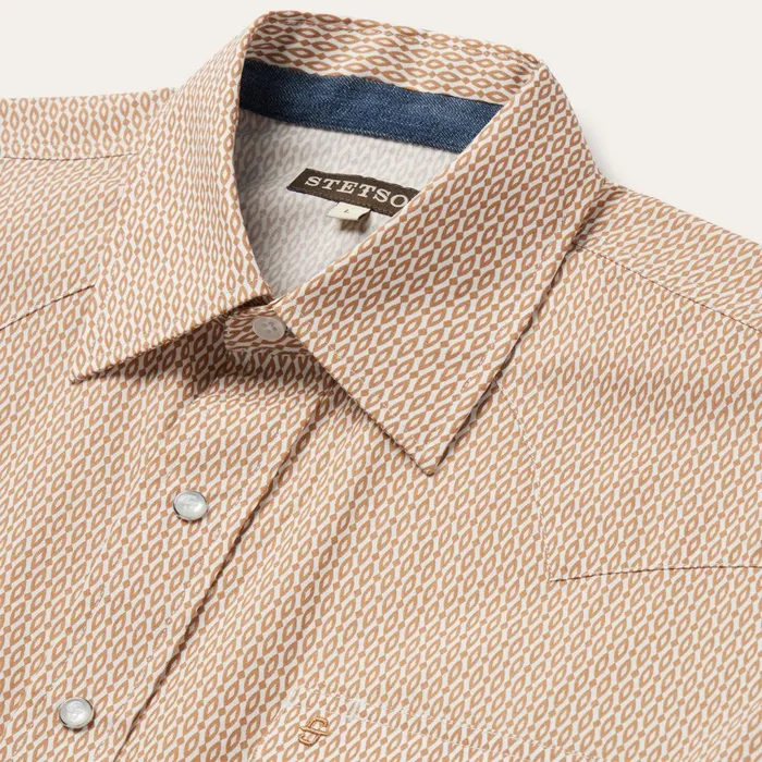 Stetson Classic Cut Men Orange Diamond Print Western Shirt Orange