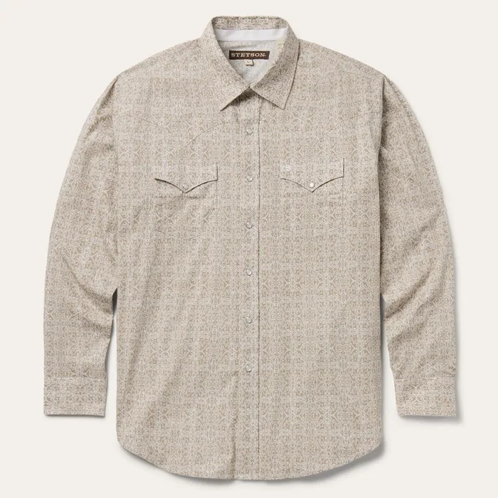 Stetson Classic Cut Men Sand Medallion Print Western Shirt Brown