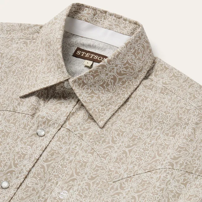 Stetson Classic Cut Men Sand Medallion Print Western Shirt Brown