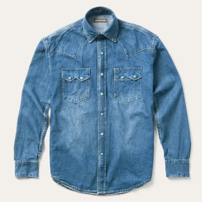Stetson Denim Shirts Men Turquoise Snap Western Denim Shirt Blue