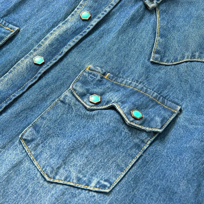 Stetson Denim Shirts Men Turquoise Snap Western Denim Shirt Blue