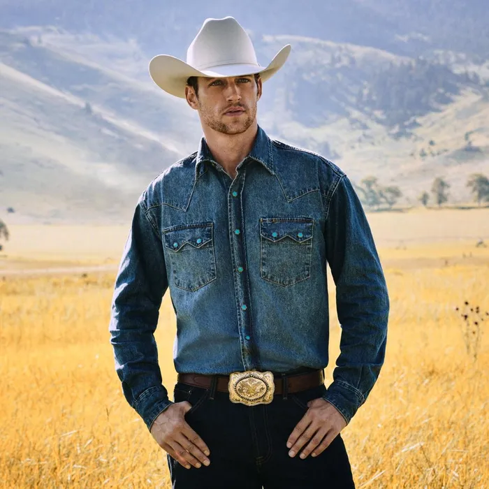 Stetson Denim Shirts Men Turquoise Snap Western Denim Shirt Blue