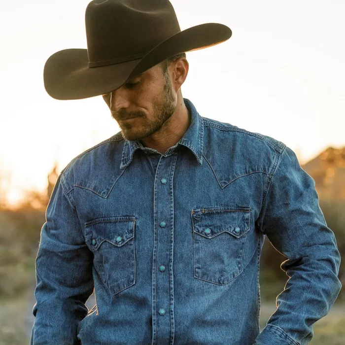 Stetson Denim Shirts Men Turquoise Snap Western Denim Shirt Blue