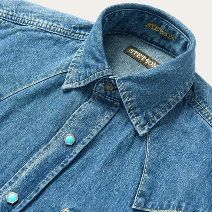 Stetson Denim Shirts Men Turquoise Snap Western Denim Shirt Blue
