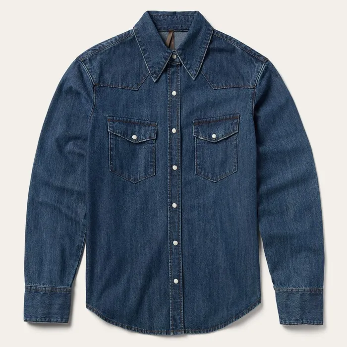 Stetson Denim Shirts Women Dark Denim Snap Western Shirt Blue