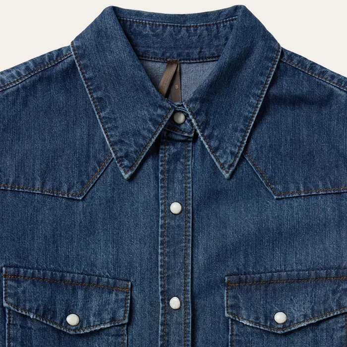 Stetson Denim Shirts Women Dark Denim Snap Western Shirt Blue