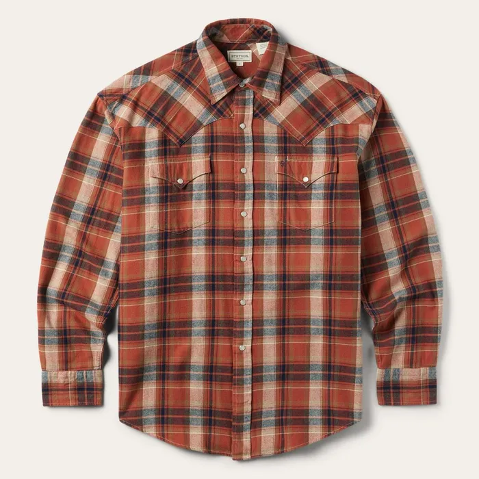 Stetson Flannel Shirts Men Brushed Twill Plaid Shirt Orange