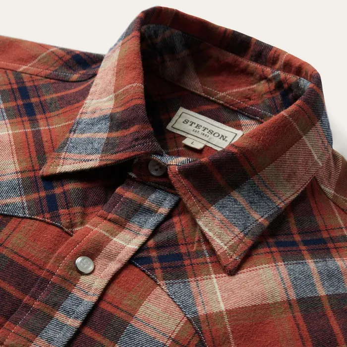 Stetson Flannel Shirts Men Brushed Twill Plaid Shirt Orange