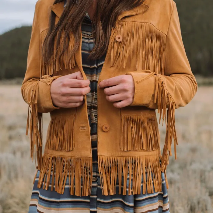 Stetson Fringe Jackets Women Lamb Suede Fringed Jacket Brown