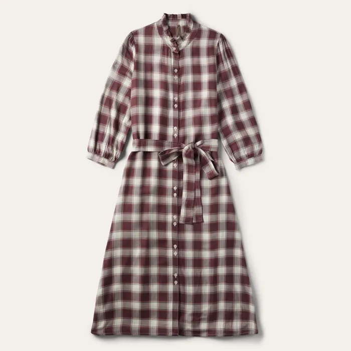 Stetson Midi Women Gaucho Plaid Prairie Shirt Dress Wine