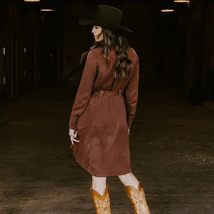 Stetson Midi Women Tobacco Tencel Western Dress Brown