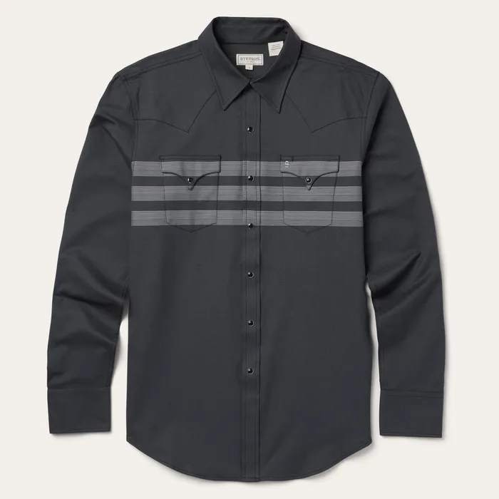 Stetson Modern Cut Men Border Stripe Twill Western Shirt Black