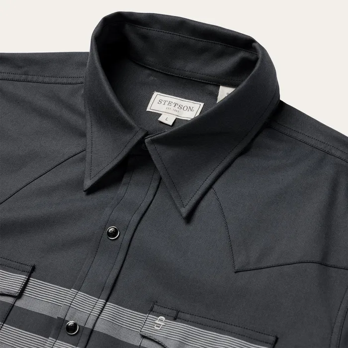 Stetson Modern Cut Men Border Stripe Twill Western Shirt Black