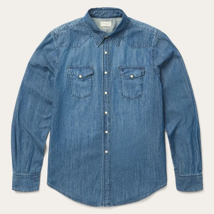 Stetson Modern Cut Men Medium Blue Denim Shirt Blue