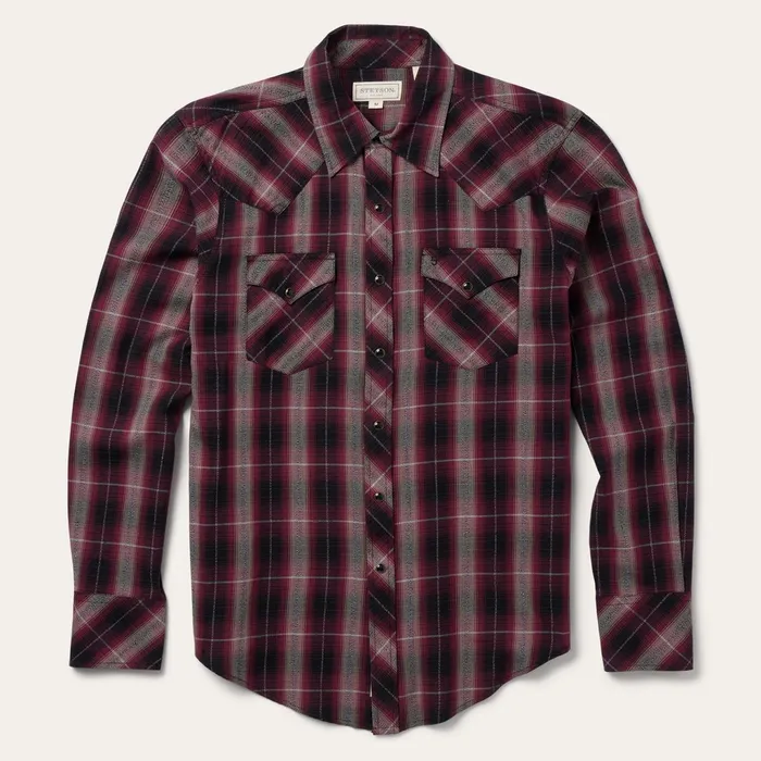Stetson Modern Cut Men Red Marl Plaid Western Shirt Red