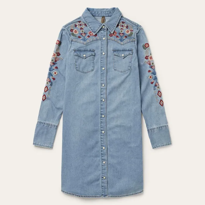 Stetson Shirt Dresses Women Embroidered Denim Shirt Dress Blue