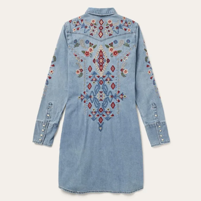 Stetson Shirt Dresses Women Embroidered Denim Shirt Dress Blue