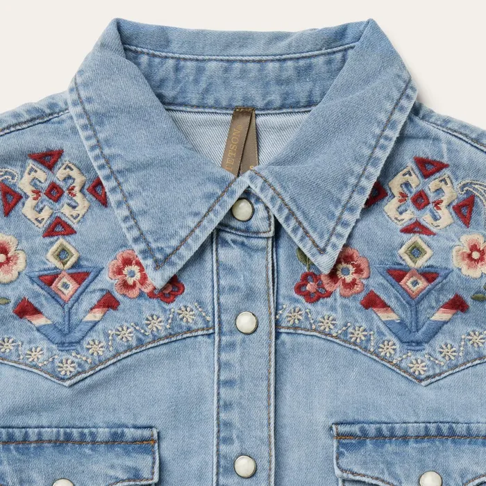 Stetson Shirt Dresses Women Embroidered Denim Shirt Dress Blue