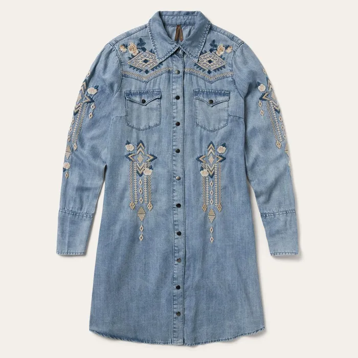 Stetson Shirt Dresses Women Embroidered Denim Twill Shirt Dress Blue