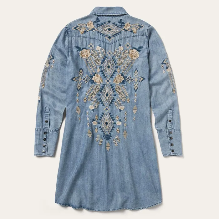 Stetson Shirt Dresses Women Embroidered Denim Twill Shirt Dress Blue