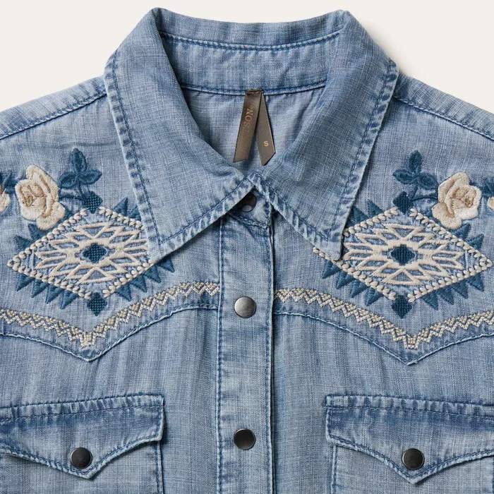 Stetson Shirt Dresses Women Embroidered Denim Twill Shirt Dress Blue