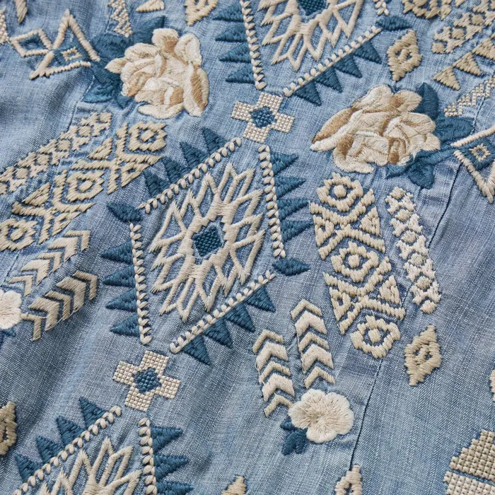 Stetson Shirt Dresses Women Embroidered Denim Twill Shirt Dress Blue
