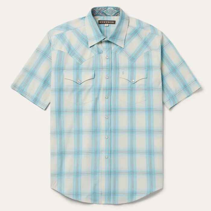 Stetson Western Shirts Men Aqua Ombre Plaid Short Sleeve Western Shirt Blue