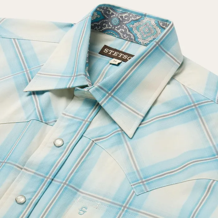 Stetson Western Shirts Men Aqua Ombre Plaid Short Sleeve Western Shirt Blue