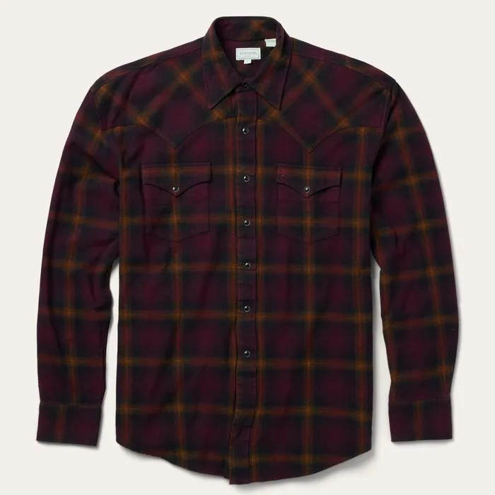 Stetson Western Shirts Men Black Wine Plaid Flannel Western Shirt Wine