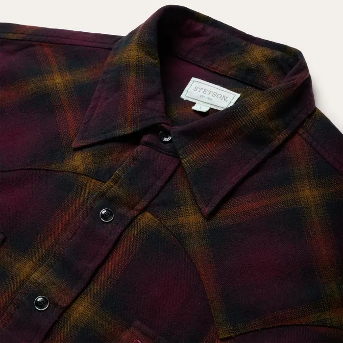 Stetson Western Shirts Men Black Wine Plaid Flannel Western Shirt Wine