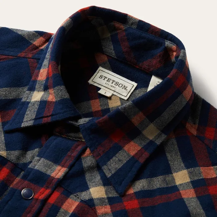 Stetson Western Shirts Men Brushed Twill Plaid Shirt Blue