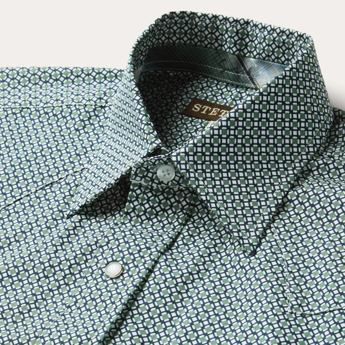 Stetson Western Shirts Men Circle Diamond Print Short Sleeve Western Shirt Green
