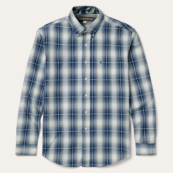 Stetson Western Shirts Men Crystal Plaid Button Down Shirt Blue