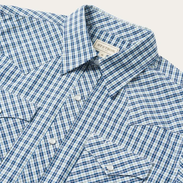 Stetson Western Shirts Men Modern Snap Front Shirt In Mini Check Blue