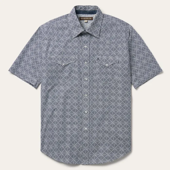 Stetson Western Shirts Men Navy Print Short Sleeve Western Shirt Blue