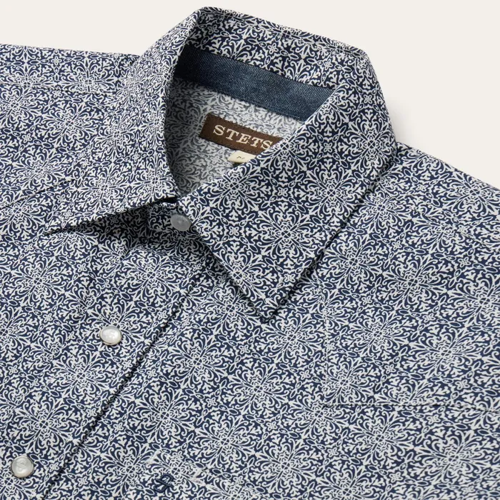 Stetson Western Shirts Men Navy Print Short Sleeve Western Shirt Blue