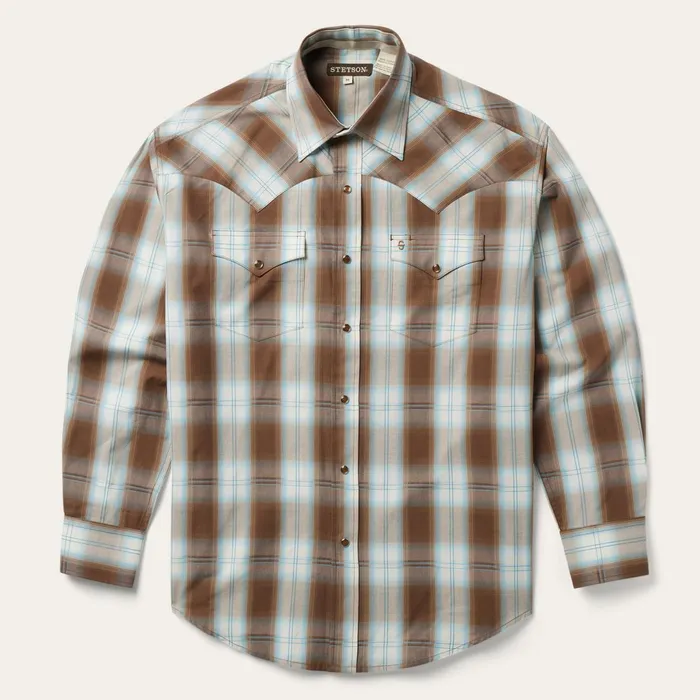 Stetson Western Shirts Men Sand Ombre Plaid Western Shirt Brown