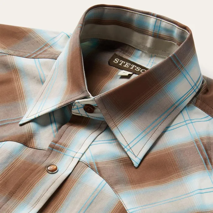 Stetson Western Shirts Men Sand Ombre Plaid Western Shirt Brown