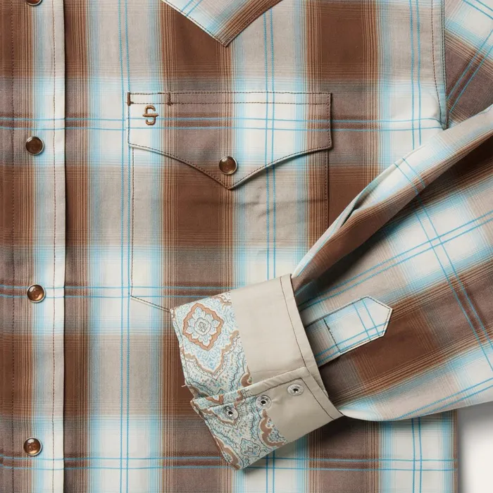 Stetson Western Shirts Men Sand Ombre Plaid Western Shirt Brown