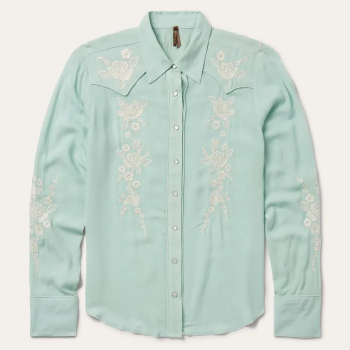 Stetson Western Shirts Women Aqua Rayon Crepe Western Shirt Blue