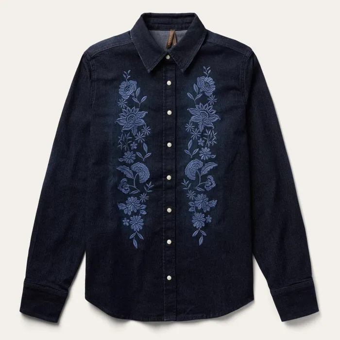 Stetson Western Shirts Women Embroidered Dark Denim Snap Front Shirt Blue