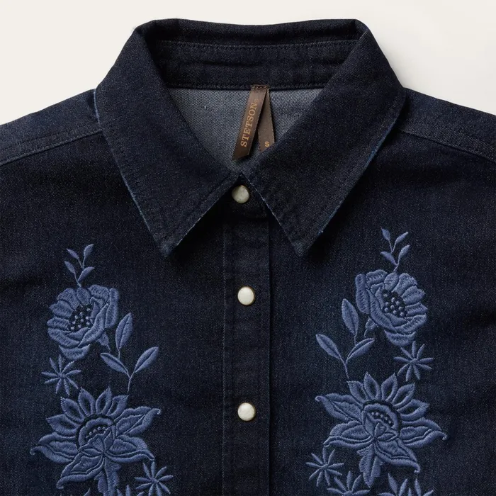 Stetson Western Shirts Women Embroidered Dark Denim Snap Front Shirt Blue