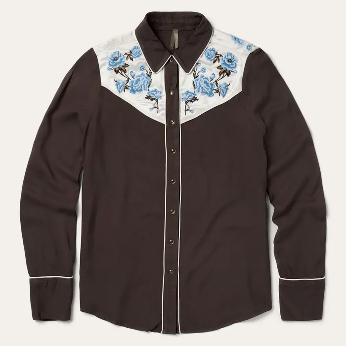 Stetson Western Shirts Women Embroidered Rayon Western Shirt Brown