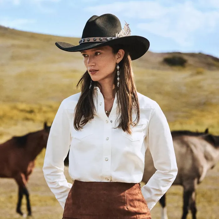 Stetson Western Shirts Women Western Embroidered Denim Shirt White